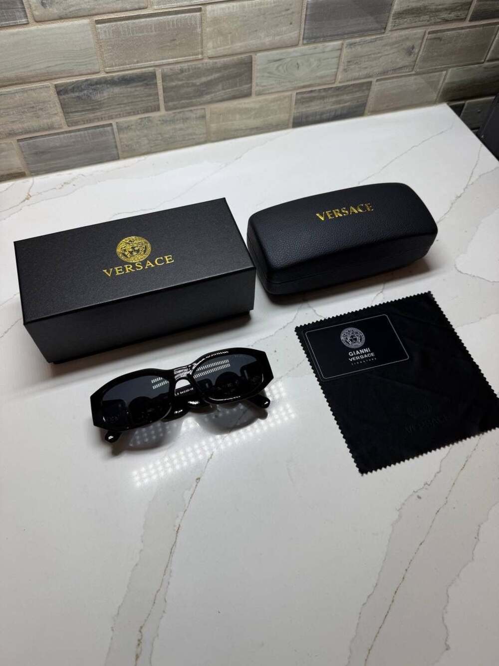 Versace VE4377 Black Logo Rectangular Sunglasses with Case and Box